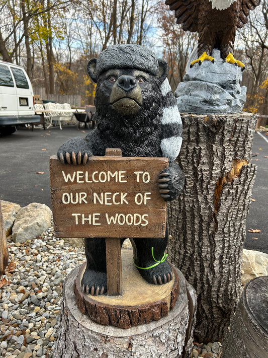 Standing Bear with “Welcome to Our Neck of the Woods”